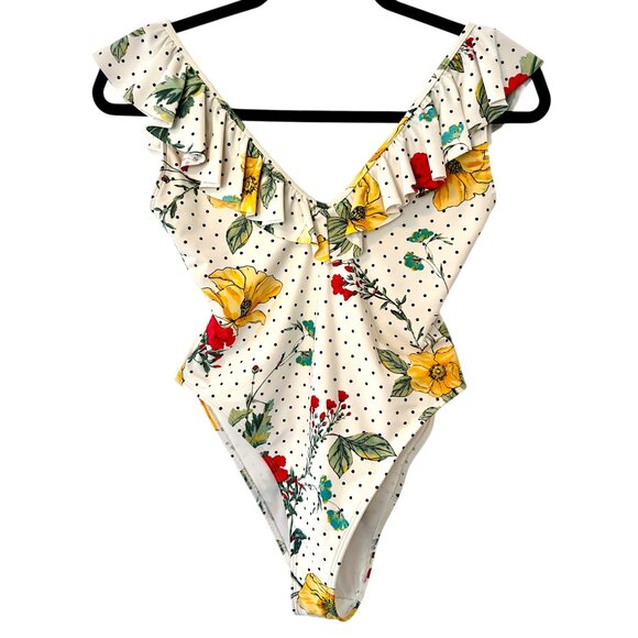 Forever 21 Sz S Vintage Y2K Deep-V Floral Ruffle One Piece Bathing Suit - Picture 2 of 9